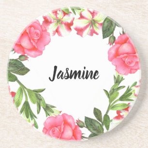 Vattenfärgning Rosa Blommor Circle Wandringsdesign Underlägg
