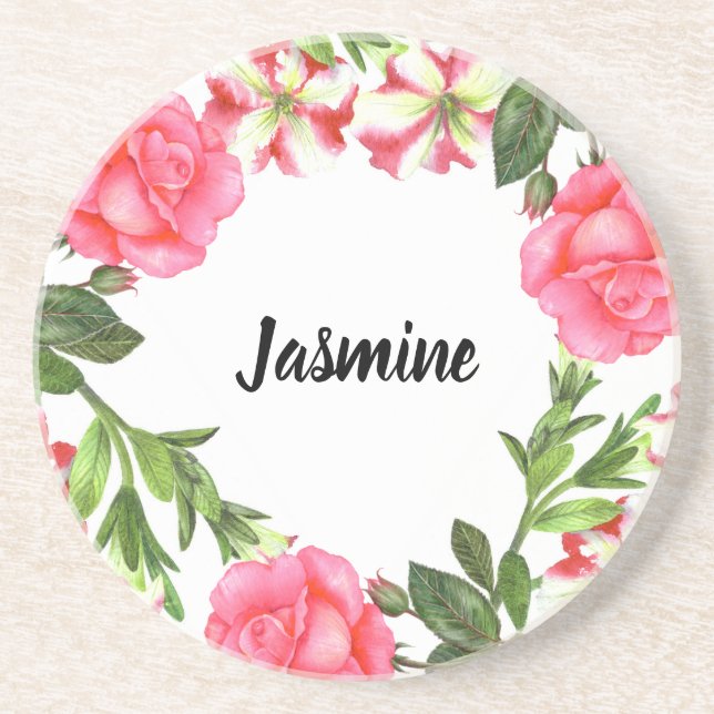 Vattenfärgning Rosa Blommor Circle Wandringsdesign Underlägg (Framsidan)