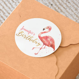Vattenfärgning Rosa Flamingo Guld Birthday | Runt Klistermärke