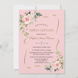 Vattenfärgning Rosa Flowers Guld Ram Sweet sixteen Inbjudningar