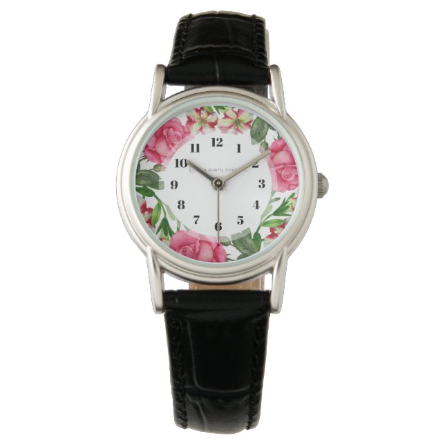 Vattenfärgning Rosa Flowers Utandningscirkel Armbandsur (Framsida)