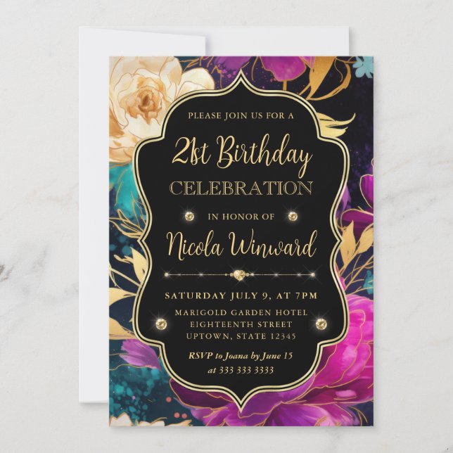 Vattenfärgning Rosa och Guld Flowers 21:a födelsed Inbjudningar (Framsida)