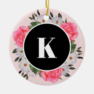 Vattenfärgning Rosa och Vit ros Utandningscirkel Julgransprydnad Keramik