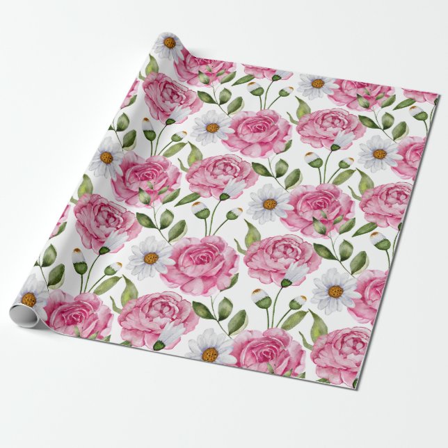 Vattenfärgning Rosa ros och Daisy Flowers Presentpapper (Utrullad)