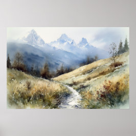 Vattenfärgning som lindar väg genom bergsfoothille poster