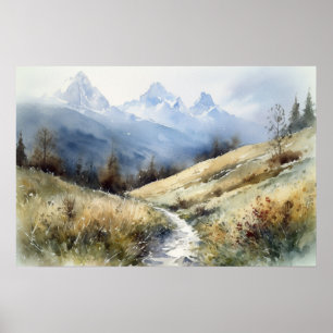 Vattenfärgning som lindar väg genom bergsfoothille poster