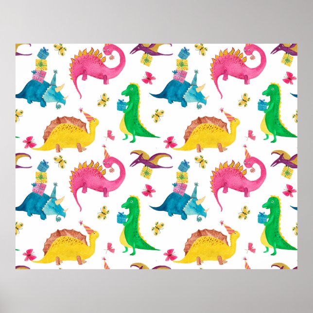 Vattenfärgning, sömlös mönster med dinosauer poster (Framsidan)