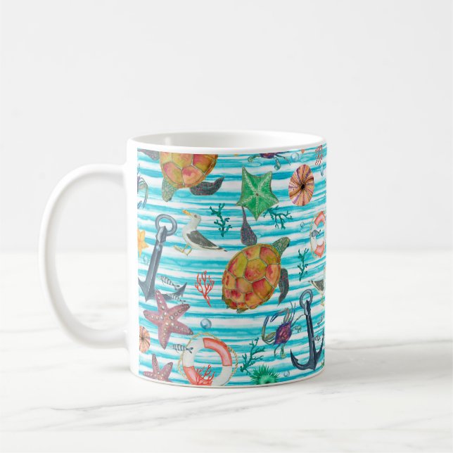 Vattenfärgning, sömlös mönster med sköldpaddor. kaffemugg (Vänster)