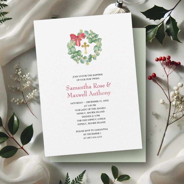 Vattenfärgning Utandning och Guld Kor Baptism Inbjudningar (Christmas wedding invitations watercolor eucalyptus wreath by Victoria Grigaliunas of VG Invites)