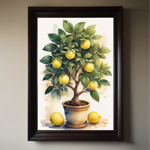 Vattenfärgning vid färgning av Lemon Träd i Pot Poster