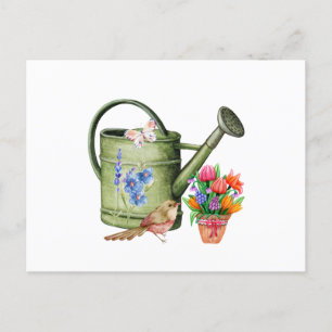 Vattenfärgning Watering Can, Flowers and Bird Vykort