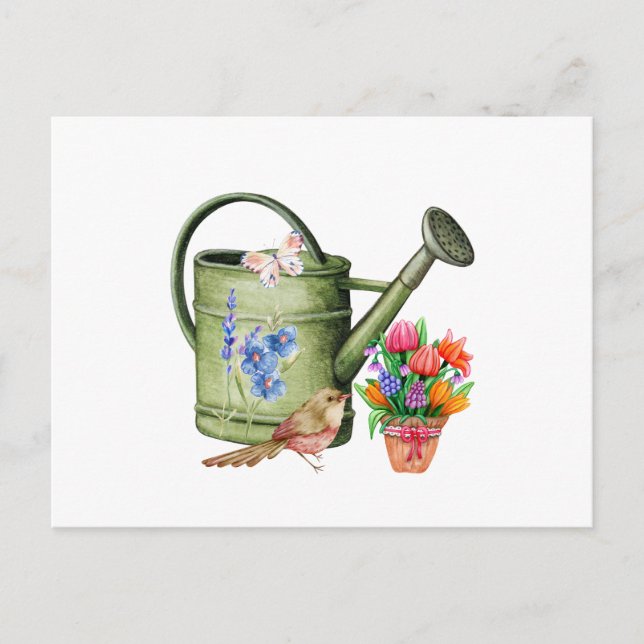 Vattenfärgning Watering Can, Flowers and Bird Vykort (Framsida)