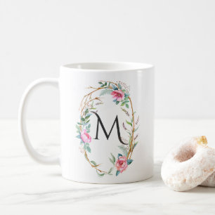 Vattenfärgningsblommor med Twigs-utandningsmonogra Kaffemugg