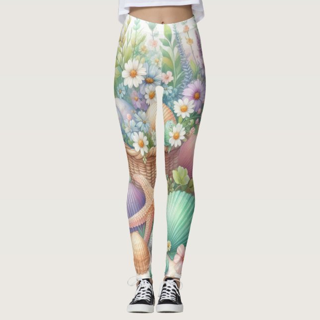 Vattenfärgningsblommor och havs- och sjöbottnar på leggings (Framsida)