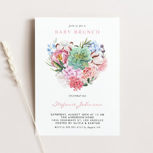 Vattenfärgningsblommor och Succulent Heart Baby Br Inbjudningar