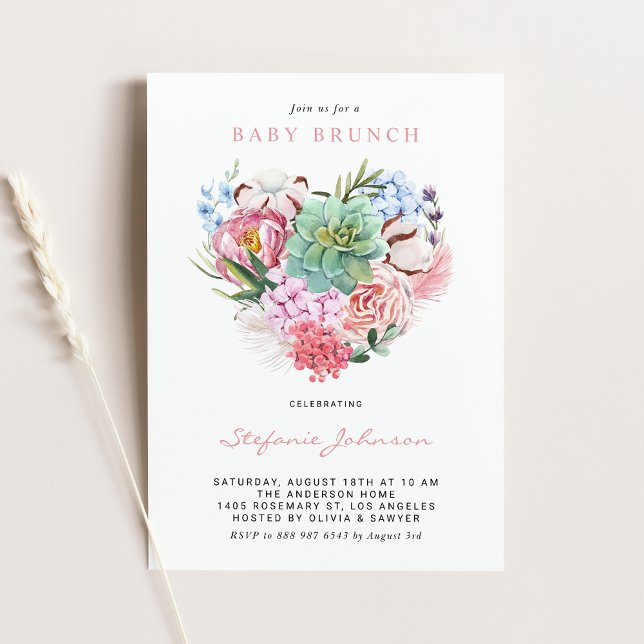 Vattenfärgningsblommor och Succulent Heart Baby Br Inbjudningar (Skapare uppladdad)