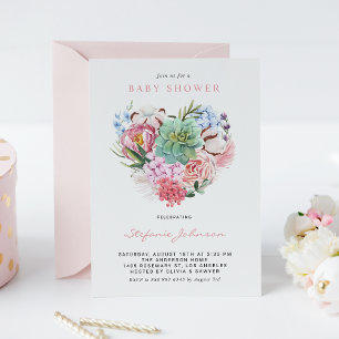 Vattenfärgningsblommor och Succult Heart Baby Show Inbjudningar