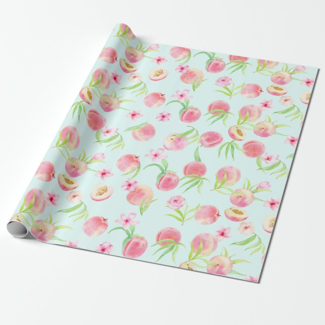 Vattenfärgpersika och blomma som slår in papper presentpapper (Utrullad)