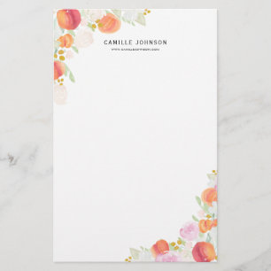 Vattenfärgpersika- och blommapersonlig brevpapper