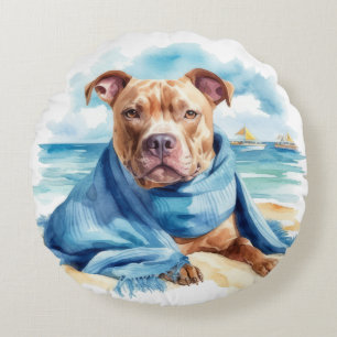 VATTENFÄRGPIT BULL TERRIER PÅ BEACH RUND KUDDE