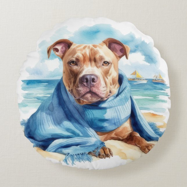 VATTENFÄRGPIT BULL TERRIER PÅ BEACH RUND KUDDE (Framsidan)