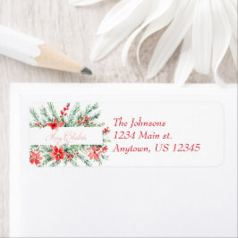 Vattenfärgpoinsettia och greenery helgdag returadress etikett