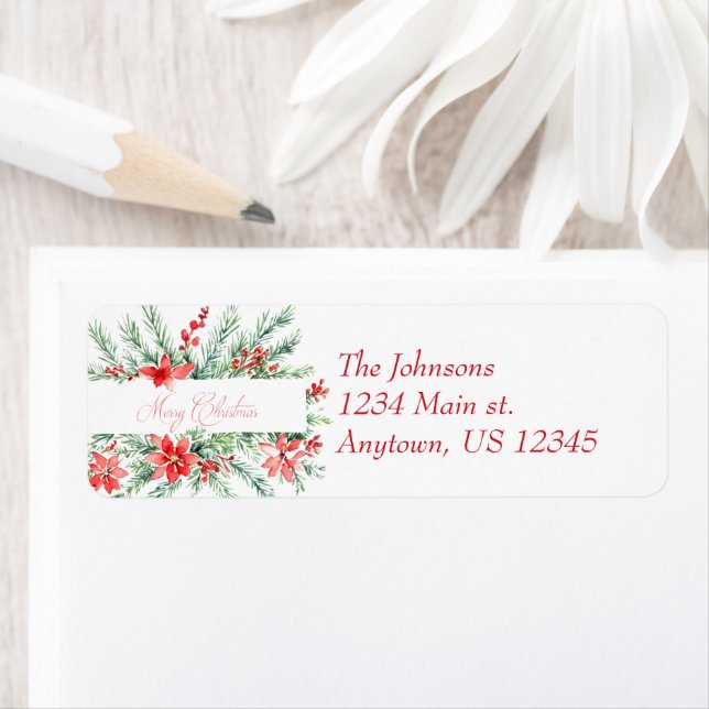 Vattenfärgpoinsettia och greenery helgdag returadress etikett (Insitu)