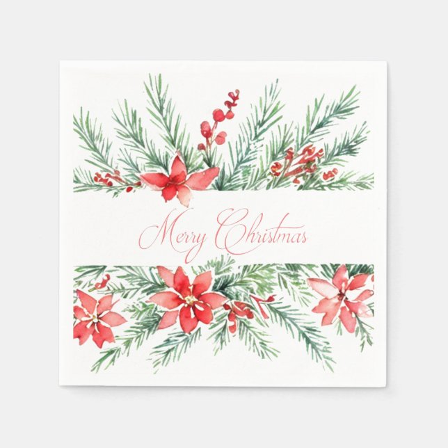 Vattenfärgpoinsettia och greenery pappersservett (Framsidan)