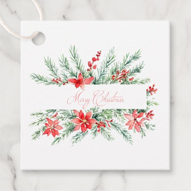 Vattenfärgpoinsettia och grön jul gåvor etiketter (Framsida)