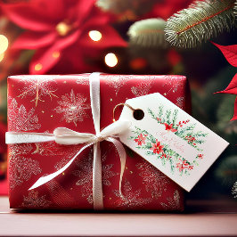 Vattenfärgpoinsettia och grön jul presentetikett