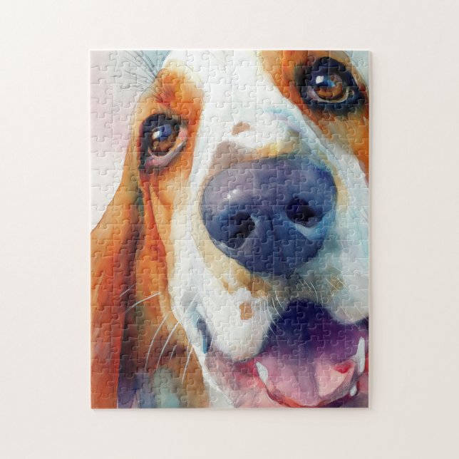 Vattenfärgporträtt av basset hound pussel (Vertikal)