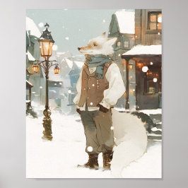 Vattenfärgporträtt av snöig arktisk räv med halsdu poster