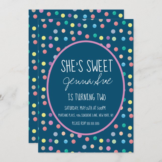 Vattenfärgpunkter, Födelsedagsfestens Rosa Inbjudningar (Fram/baksida)