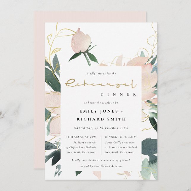 VATTENFÄRGREHEARSAL DINNER FÖR VATTENFÄRGEN I  GUL INBJUDNINGAR (Fram/baksida)