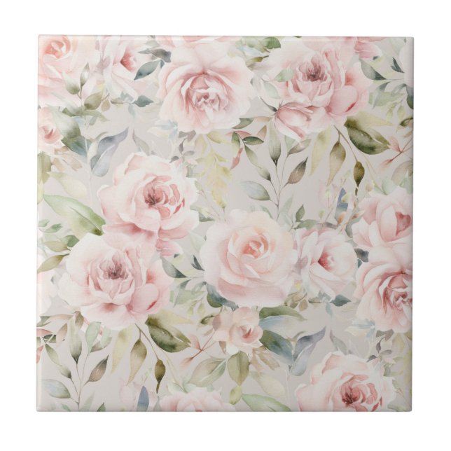 Vattenfärgros Blush Blommönster Kakelplatta (Framsidan)