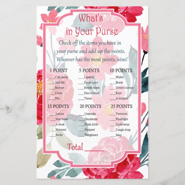 Vattenfärgros Vad finns i din handväska spel (Framsida)