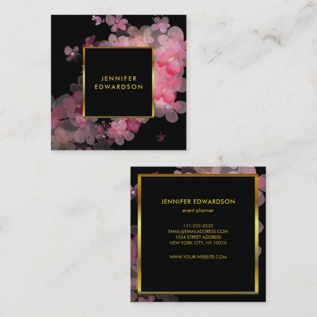 Vattenfärgrosa, svart, florsvart guld professionel fyrkantigt visitkort (Fram/baksida)