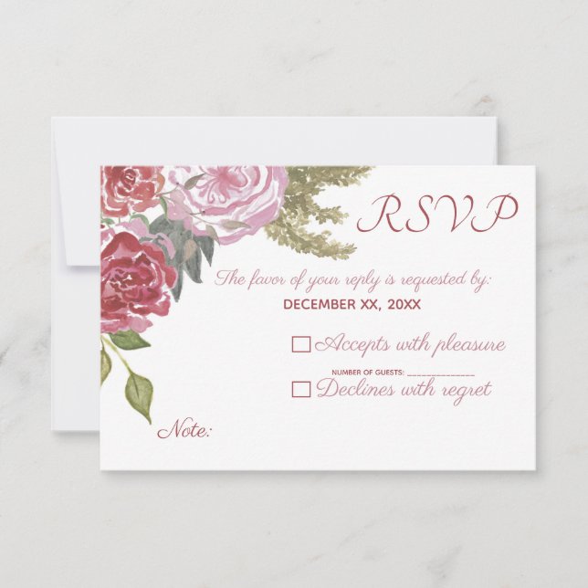 Vattenfärgrosor Bröllop RSVP OSA Kort (Framsida)