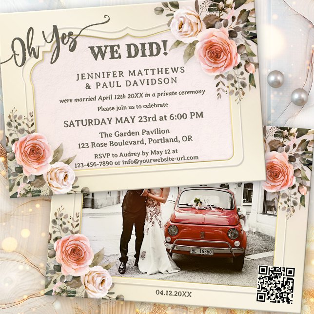 Vattenfärgrosor Foto Efter Bröllop Inbjudningar (Boho chic after wedding party invitation featuring blush pink watercolor roses and your photo + QR)