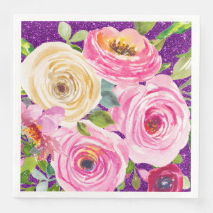 Vattenfärgrosor i rosa och kräm Lila glitter Pappersservett