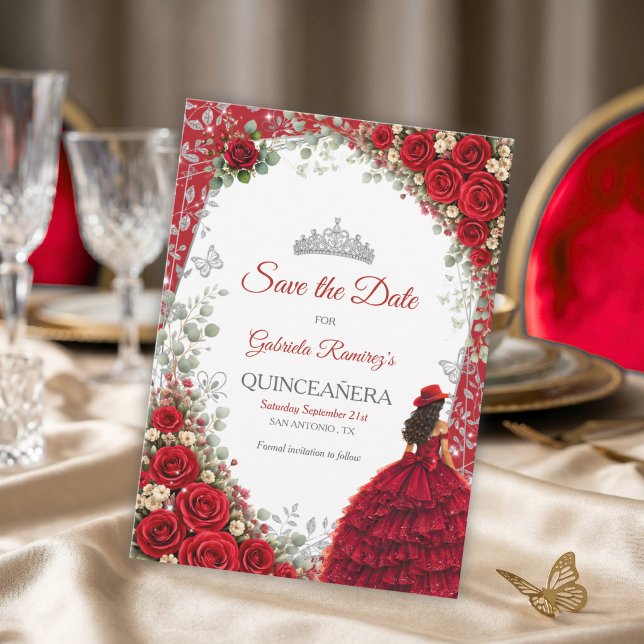 Vattenfärgrosor Röda och Silver Röda Quinceañera Spara Datumet (Skapare uppladdad)
