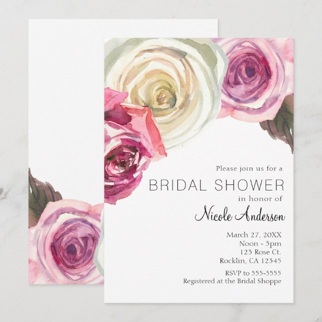 Vattenfärgrosor Rosa & Vit Chic Bröllopsfest Inbjudningar (Fram/baksida)