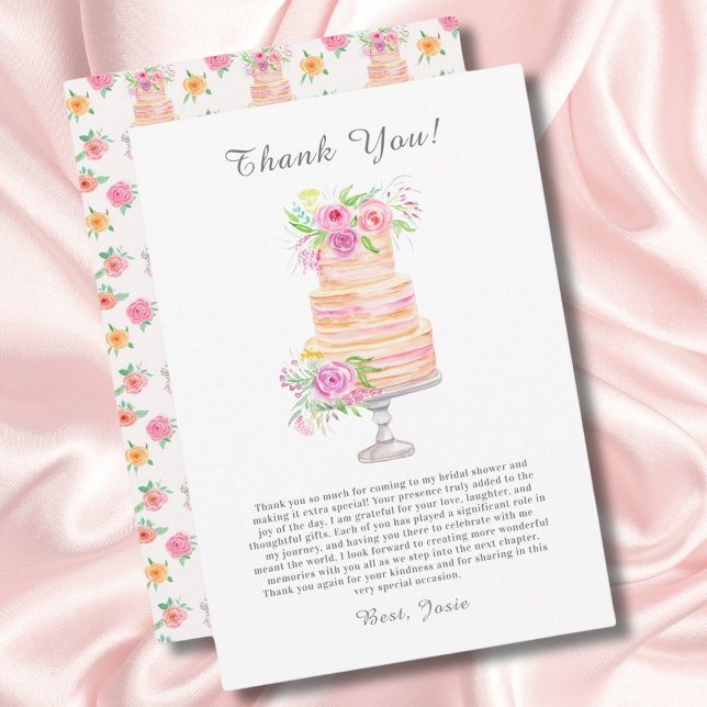 Vattenfärgs bröllopsdusch lagrad tårta med rosor tack kort (Skapare uppladdad)