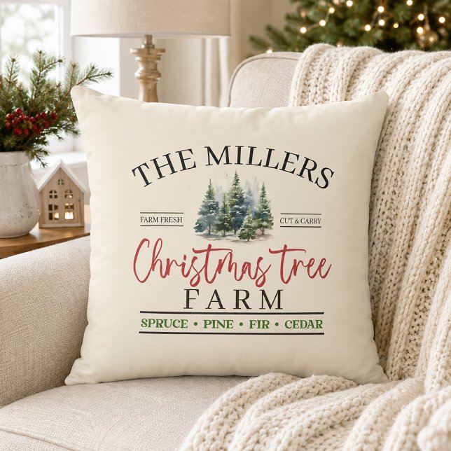 Vattenfärgs Familjenamn Julgran Farm  Kudde (Watercolor Family Name Christmas Tree Farm Throw Pillow)