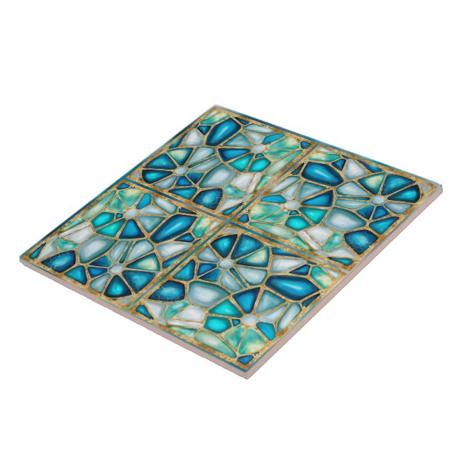 Vattenfärgs- och guld-celler - hav - kvadratram kakelplatta (Sidan)