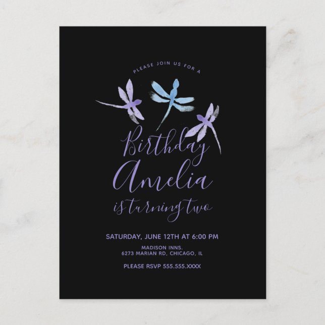 Vattenfärgs Trollslända  Lila Svart Födelsedagsfes Vykort (Framsida)