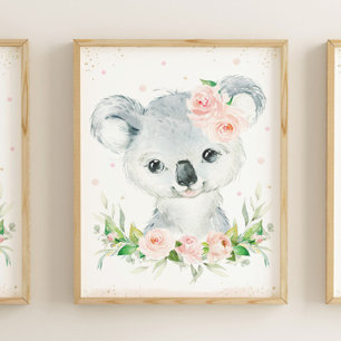 Vattenfärgsadsible Koala Rosa Blommigt Wall Poster