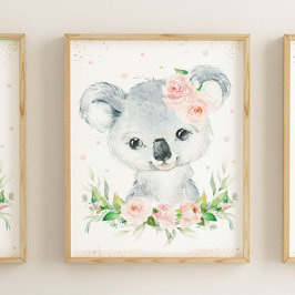 Vattenfärgsadsible Koala  Rosa Blommigt Wall Poster