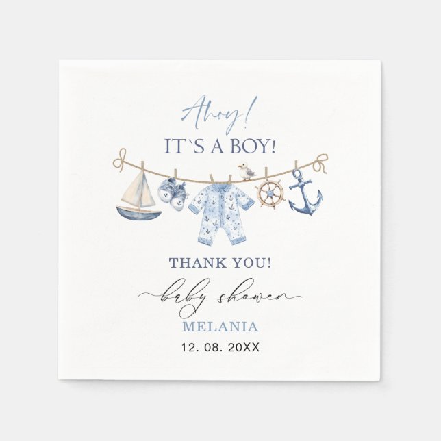 Vattenfärgsahoj, det är en pojkbabydusch pappersservett (Framsidan)