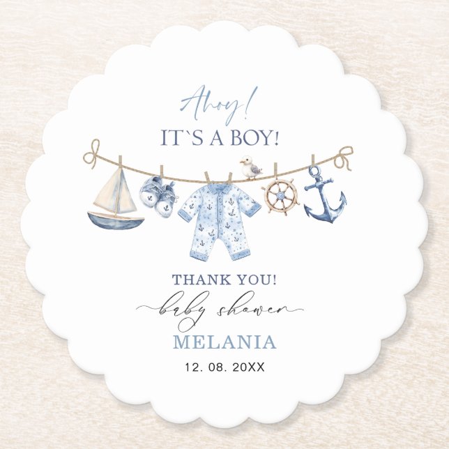 Vattenfärgsahoj, det är en pojkbabydusch underlägg papper (Framsida)